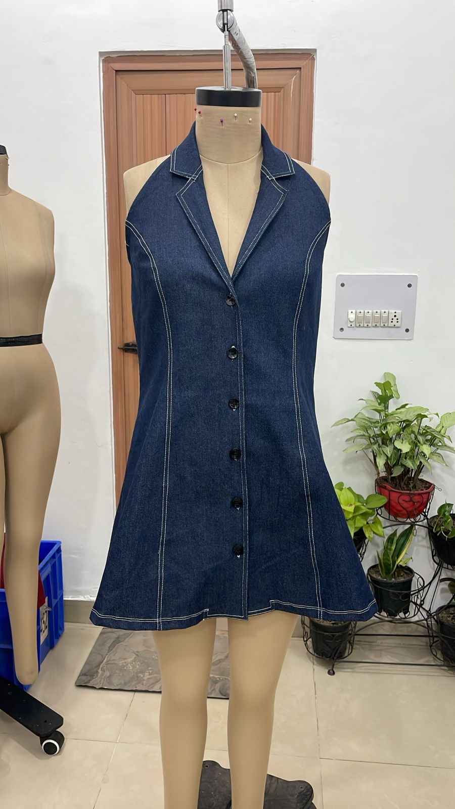 TANDUL Women Halter-Neck Button-Up Denim Mini Dress