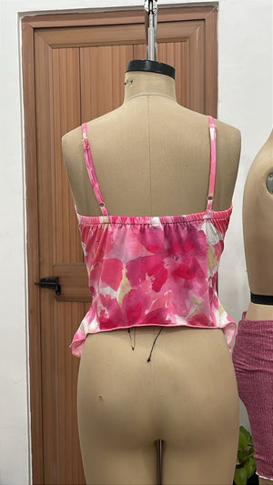 TANDUL Women Pink Watercolor Floral Tie-Front Camisole Top