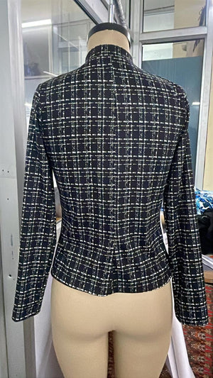 TANDUL Women Tweed-Printed Mandarian Collar Fitted Jacket Style Top