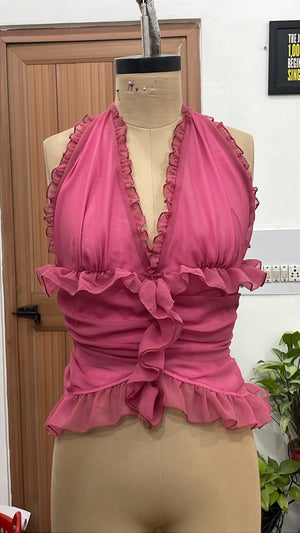 TANDUL Women Rose Pink Ruffled Halter Neck Top