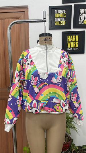 TANDUL Women’s Colorful Rainbow & Bat-Bunny Printed Cropped Sweatshirt