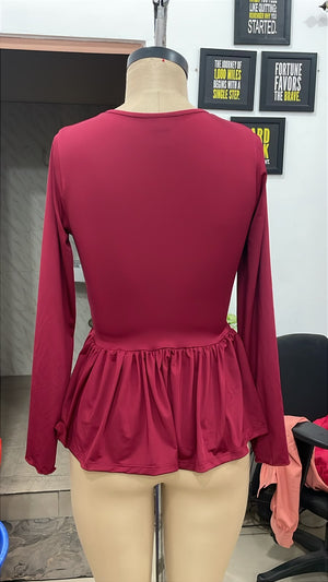 TANDUL Women Burgundy Twist-Front Peplum Top