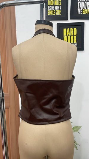 TANDUL Women’s Deep Brown Faux Leather Halter Waistcoat Top