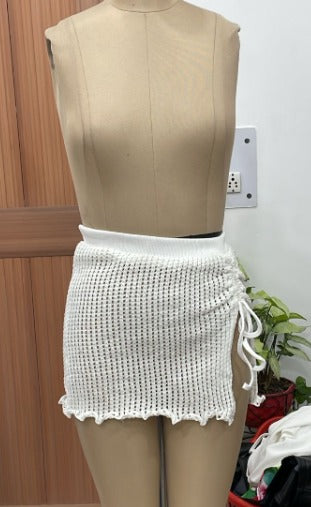 TANDUL Women Crochet Knit Ruched Side Slit Mini Skirt