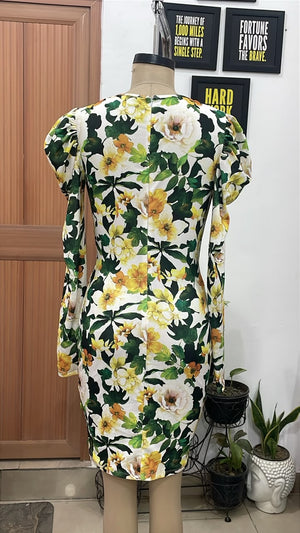 TANDUL Women Green and Yellow Floral Puff-Sleeve Mini Dress