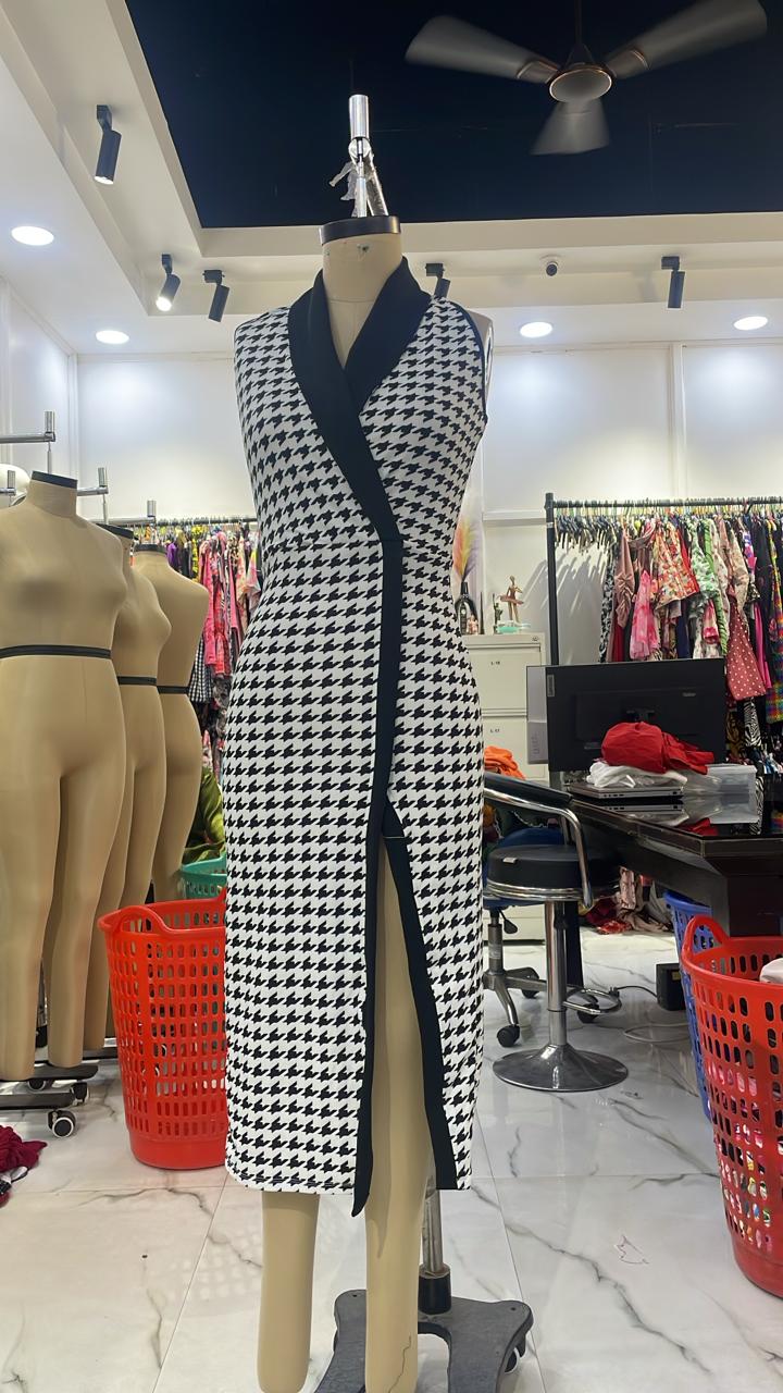 TANDUL Women Elegant Black and White Checkered Calf Length Dress