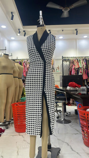 TANDUL Women Elegant Black and White Checkered Calf Length Dress