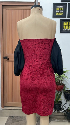 TANDUL Women Maroon Velvet Off-the-Shoulder Balloon Sleeve Dress