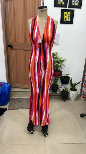 TANDUL Women Retro Abstract Streak Halter Neck Flared Jumpsuit