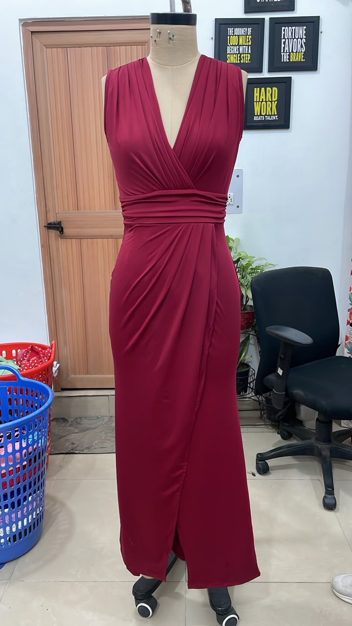 TANDUL Women Wine Red Plunging V-Neck Tulip Maxi Dress