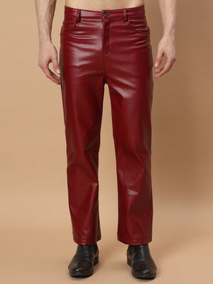 TANDUL  Men Regular Fit Maroon Faux Leather Trousers
