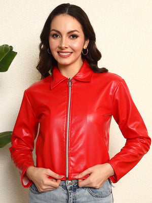 TANDUL Women Stunning Red Leather Jacket