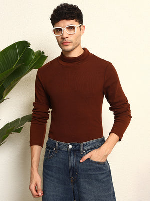 TANDUL Men's Solid Brown Highneck