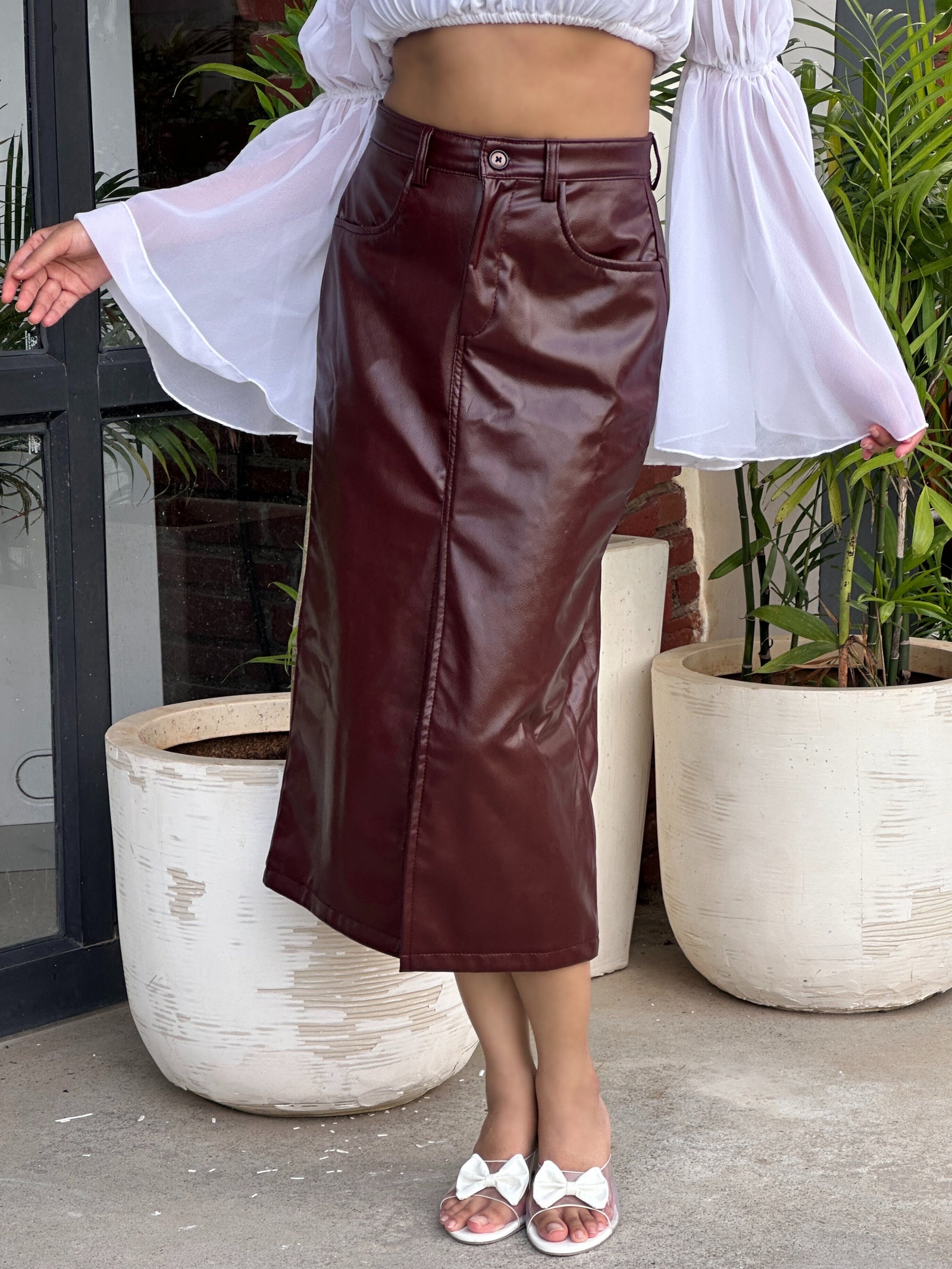 TANDUL Women Stunning Burgundy Leather Skirt