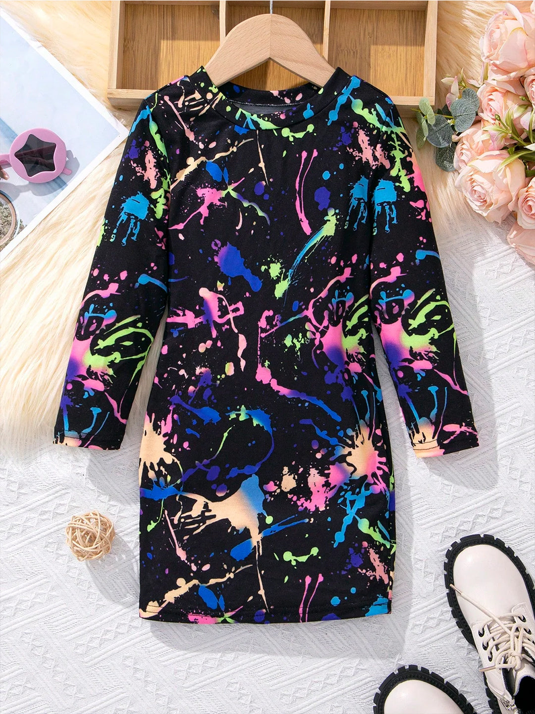 TANDUL  Girls Above Knee Casual Dress  (Multicolor, Full Sleeve)