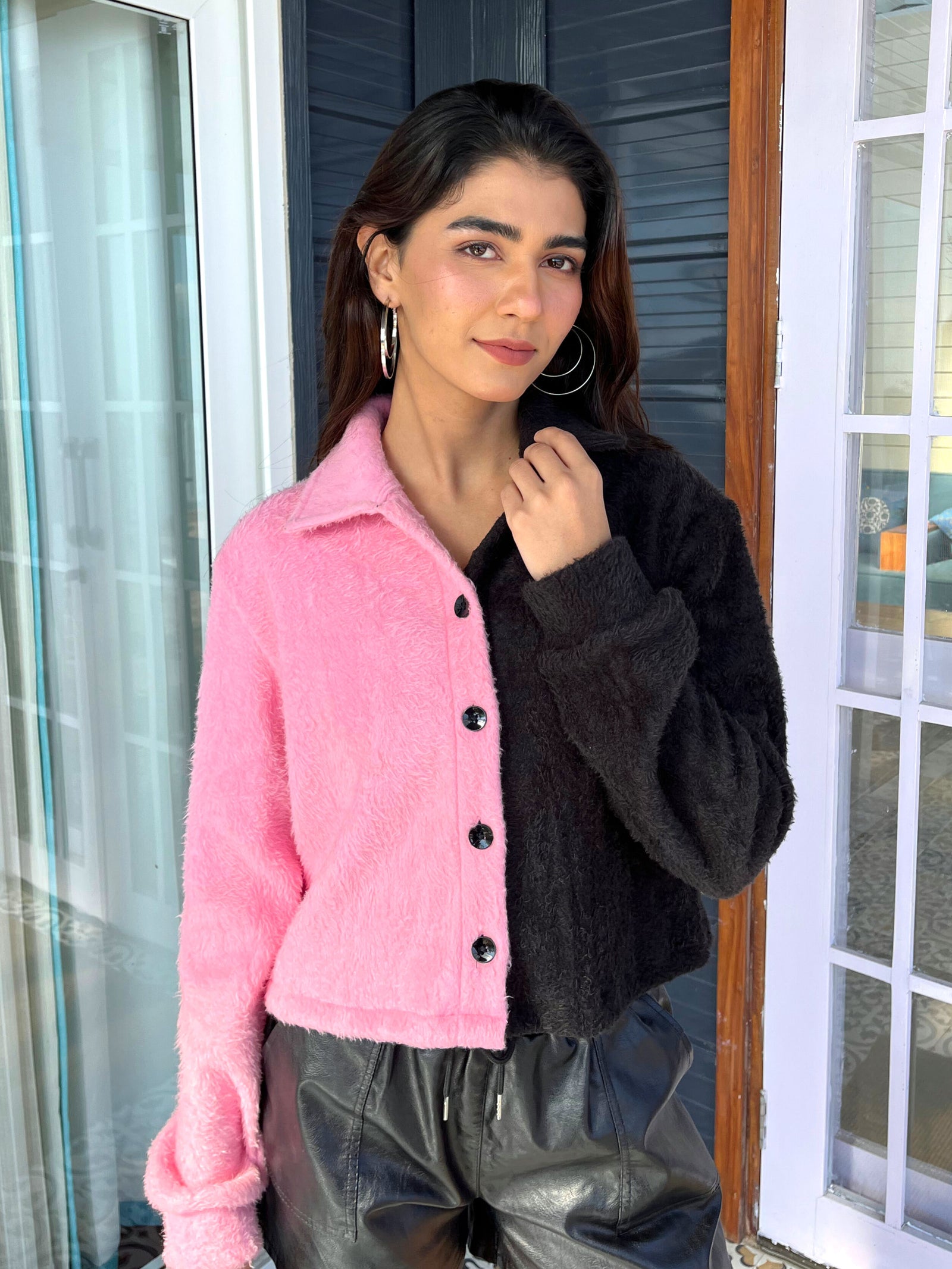 TANDUL Women Stylish Pink and Black Fur Jacket
