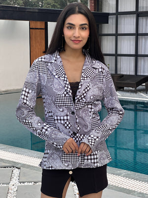 TANDUL Women Black and White Paisley Patterned Blazer