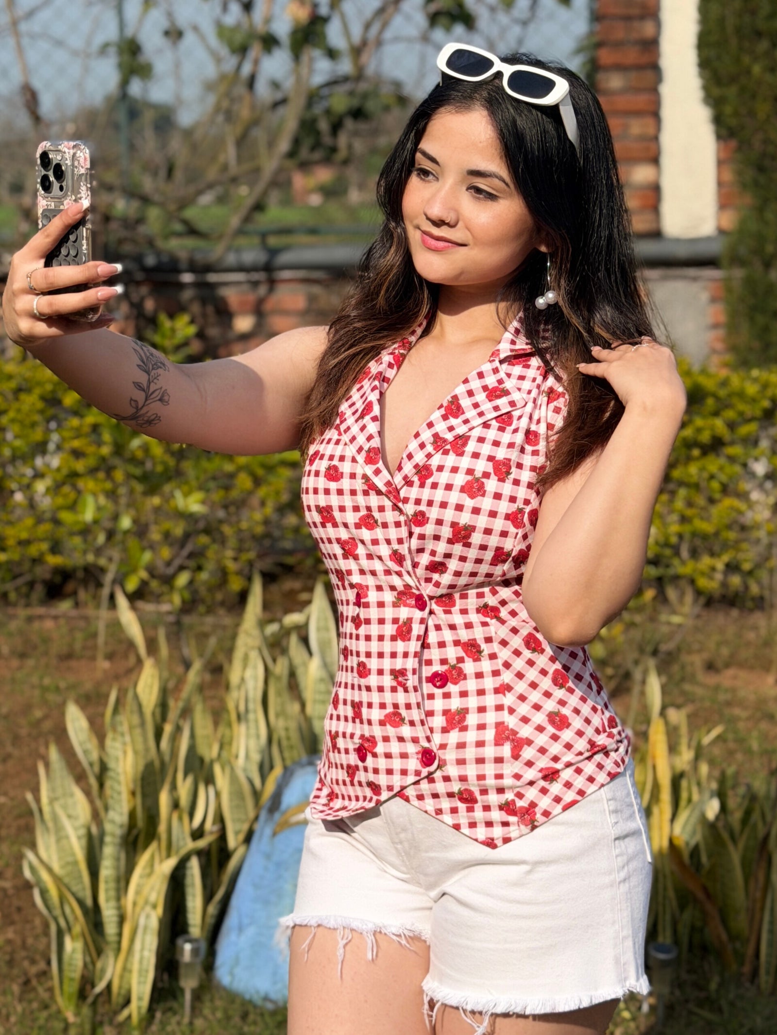 TANDUL Red and White Checkered Waistcoat