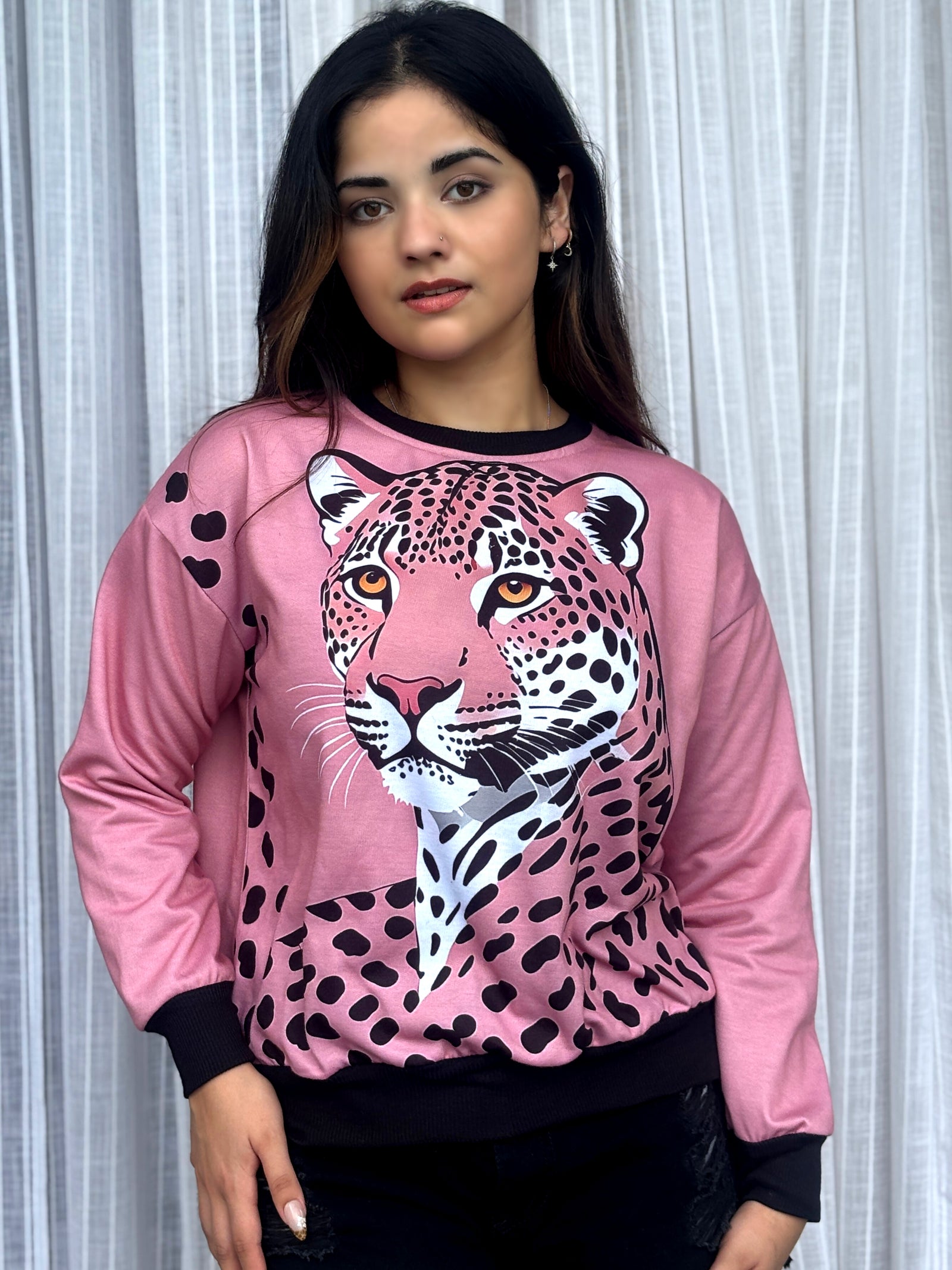 TANDUL Women Pink Bold Leopard Print Sweatshirt