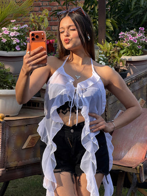 TANDUL Women Elegant White Ruffled Top