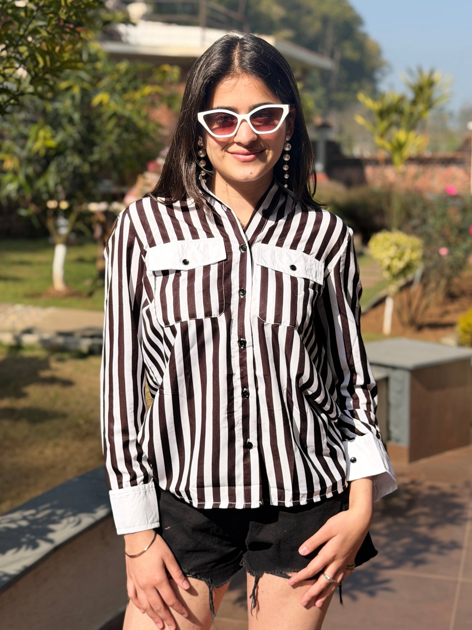 TANDUL Women Chic Black and White Striped Shirt