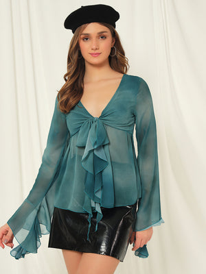 TANDUL  Casual Flared Sleeves Tie & Dye Women Green Top