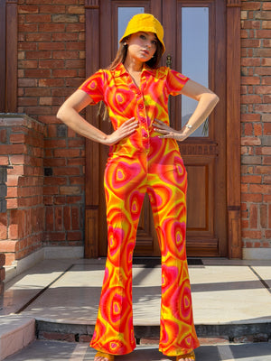 TANDUL Women Vibrant Orange and Yellow Tie-Dye Jumpsuit