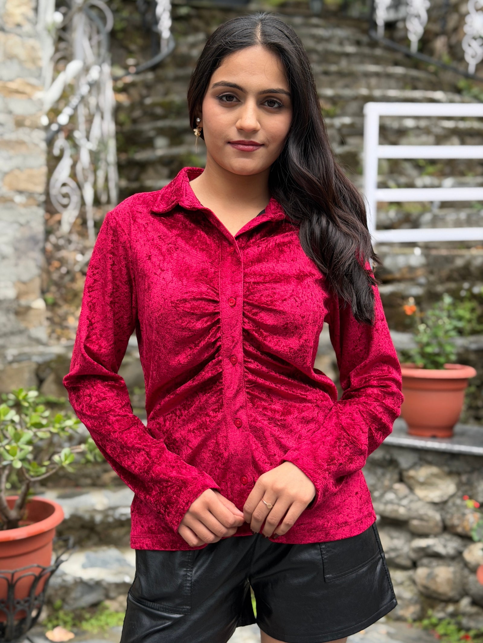 TANDUL Women Luxurious Maroon Velvet Shirt