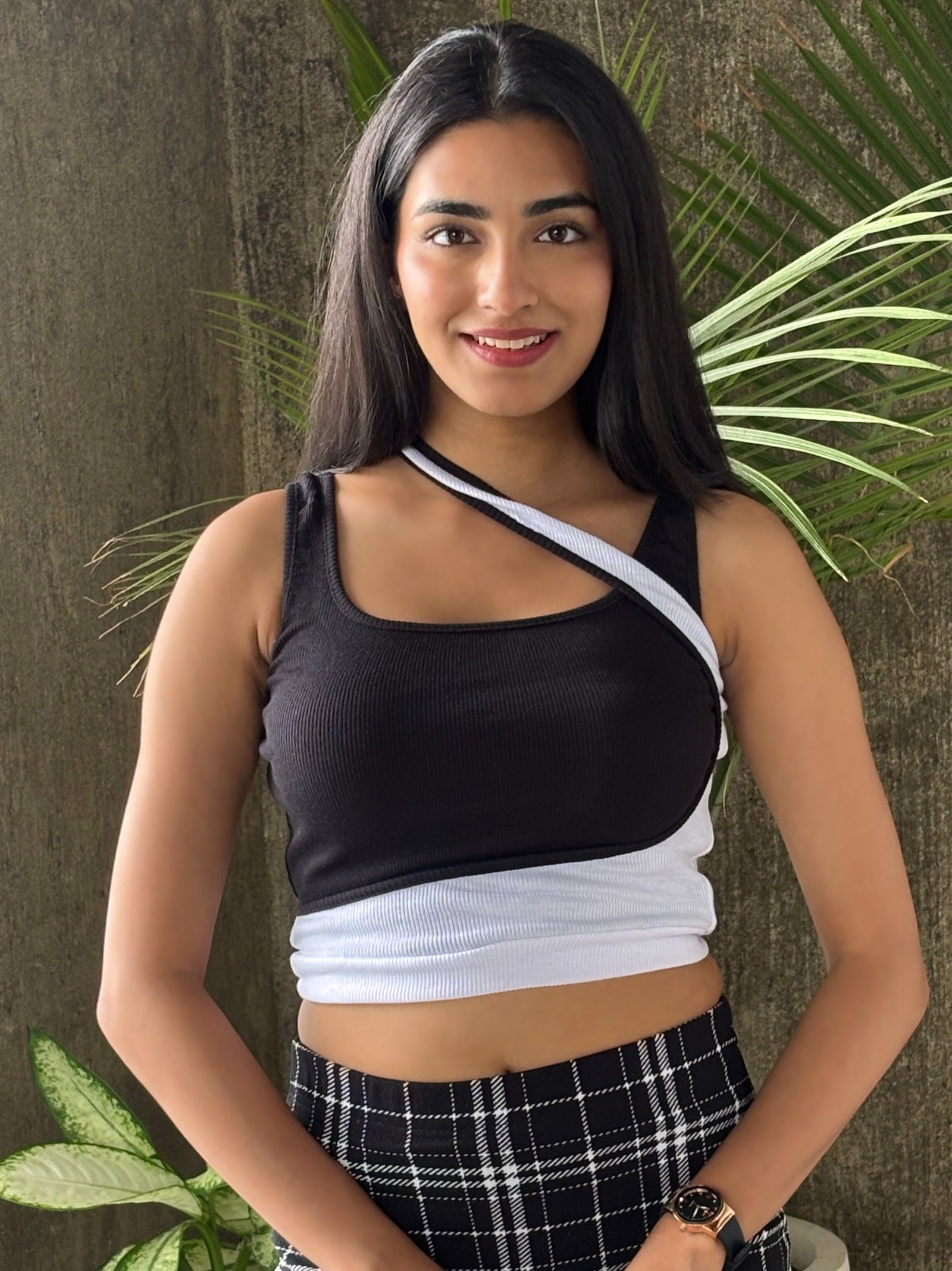 TANDUL Women Black and White Rib Top