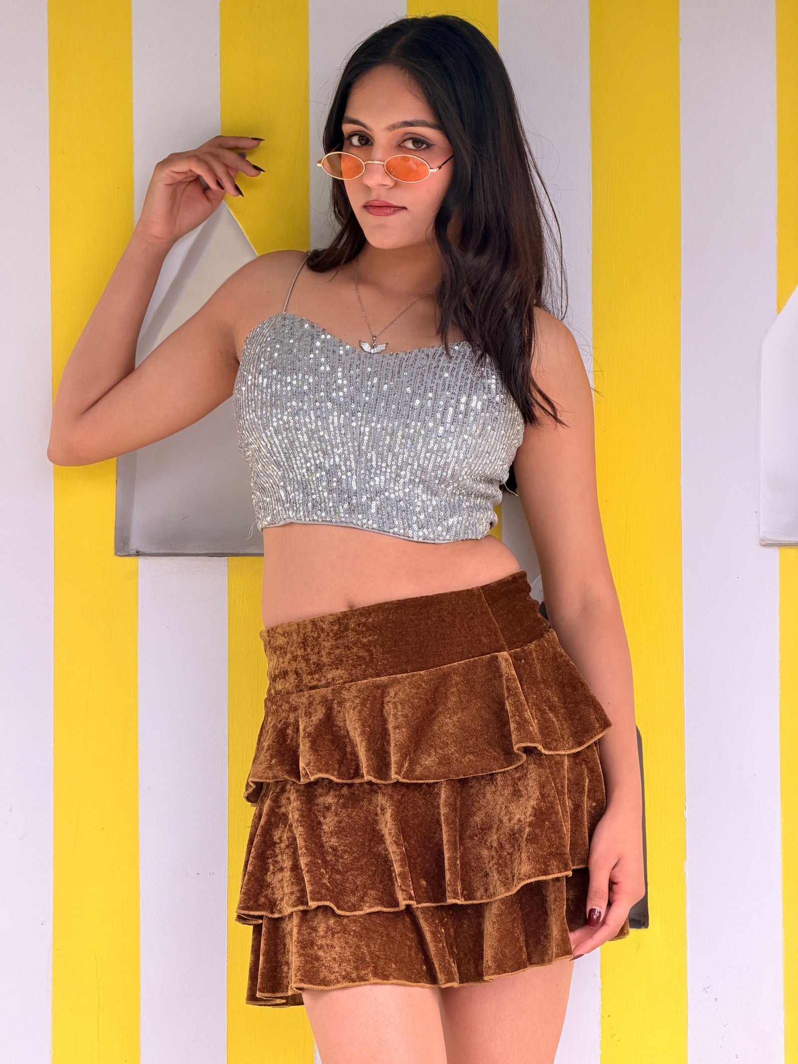TANDUL Women Alluring Brown Velvet Skirt