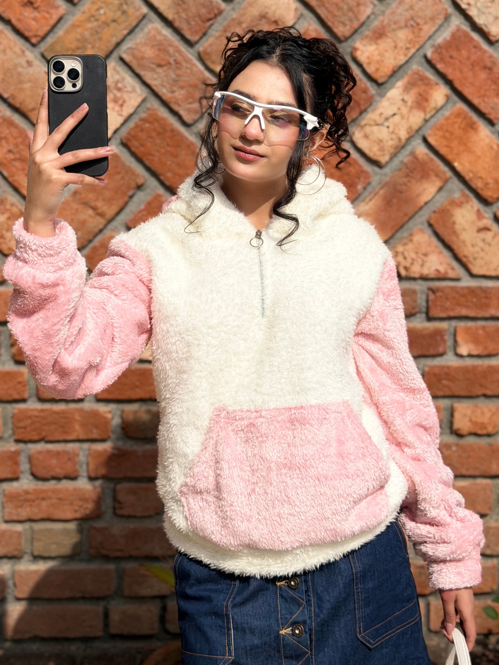 TANDUL Women Solid White and Pink Fur Hoodie