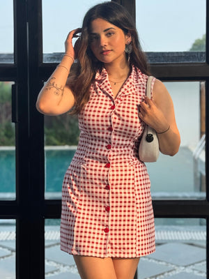 TANDUL Women Charming Red and White Checkered Dress
