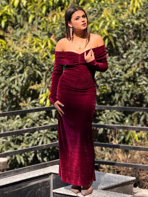 TANDUL Women Elengant Off Shoulder Maroon Velvet Dress