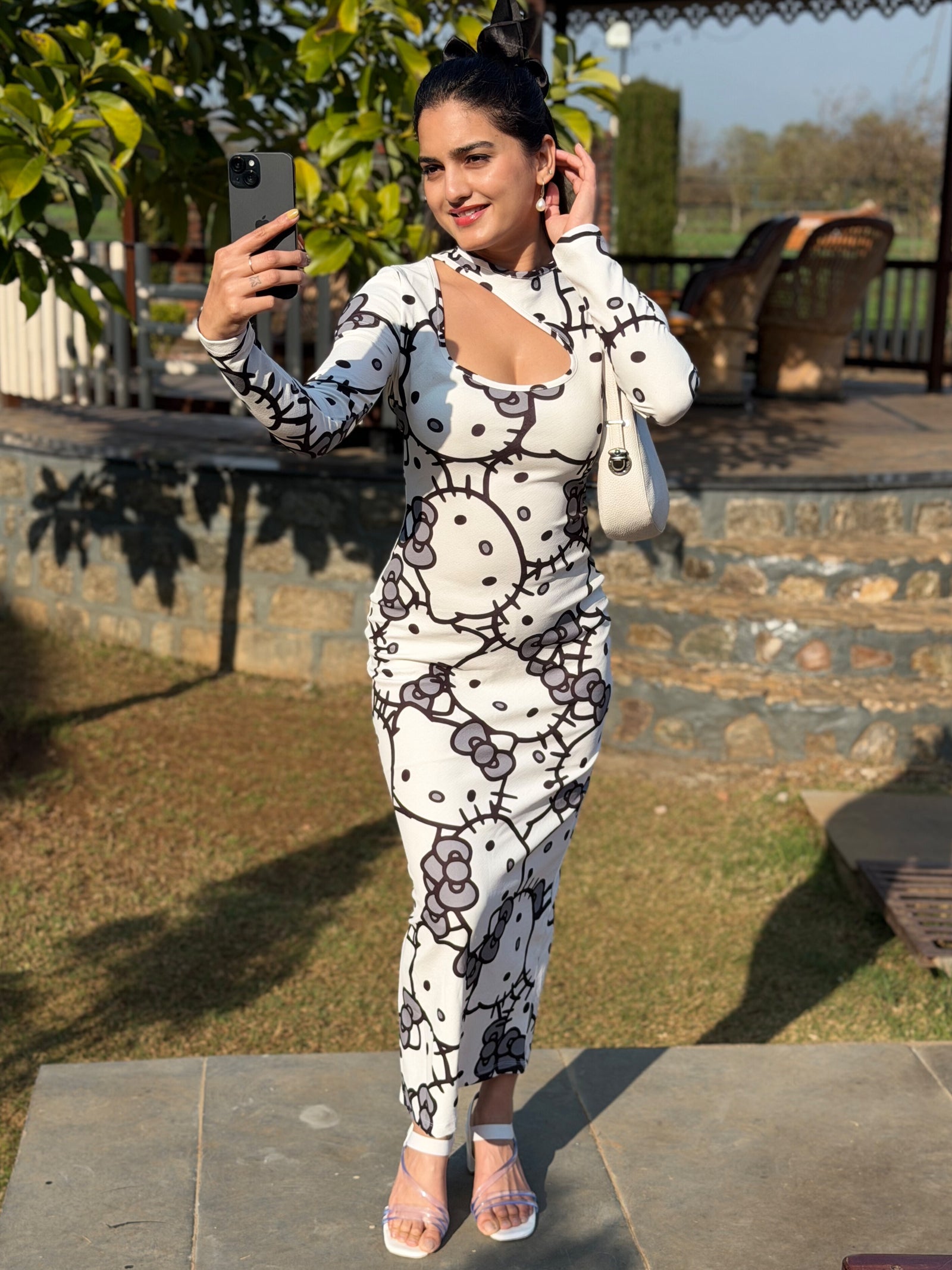 TANDUL White Kitty Printed Bodycon Dress