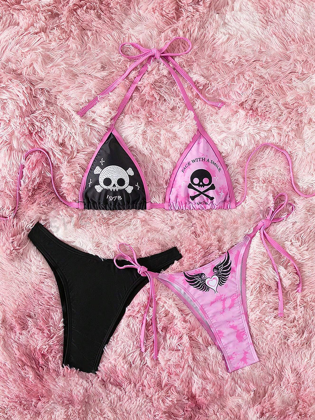 ELTIRE Pink Black Combo Printed Single Tie Strap Bikini Beachwear