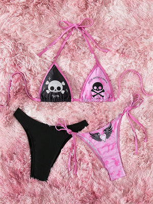 ELTIRE Pink Black Combo Printed Single Tie Strap Bikini Beachwear