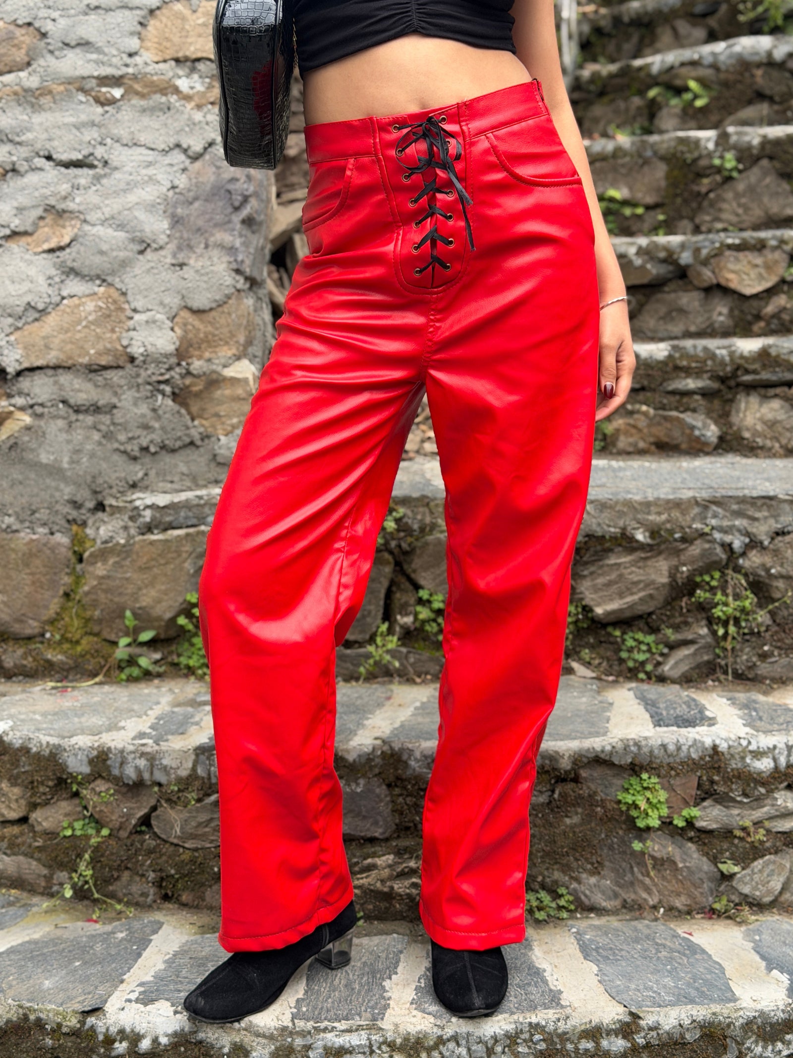 TANDUL Women Chic Red Leather Trouser