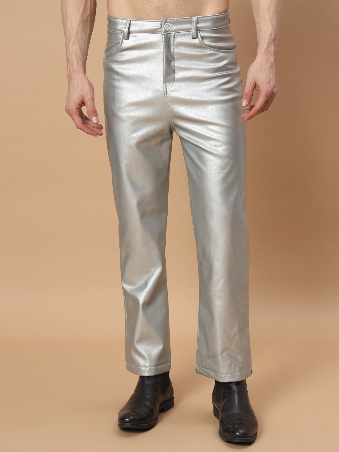 TANDUL  Men Regular Fit Silver Faux Leather Trousers