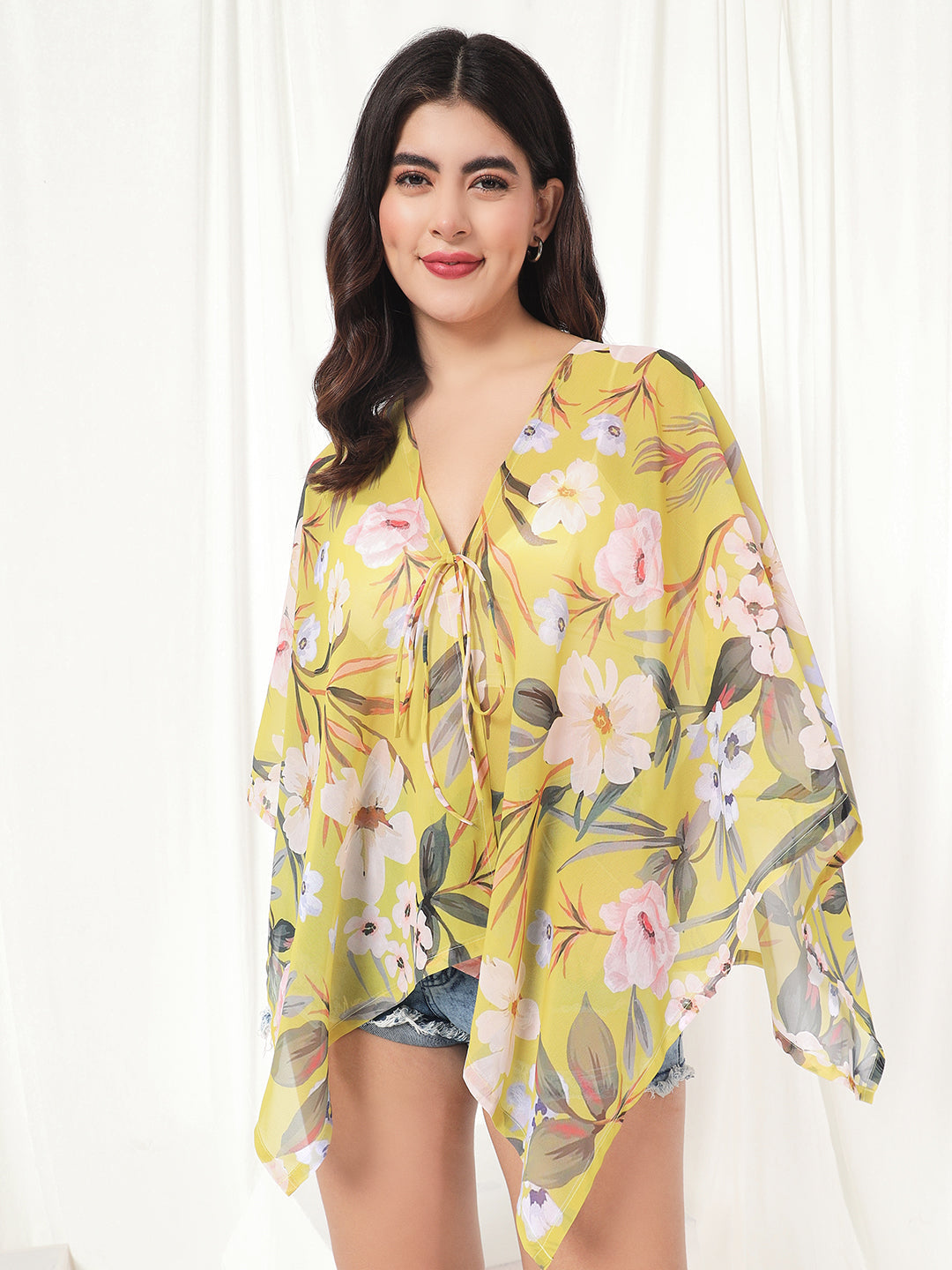 TANDUL  Women Kimono Style 3/4th Sleeve Yellow Shrug
