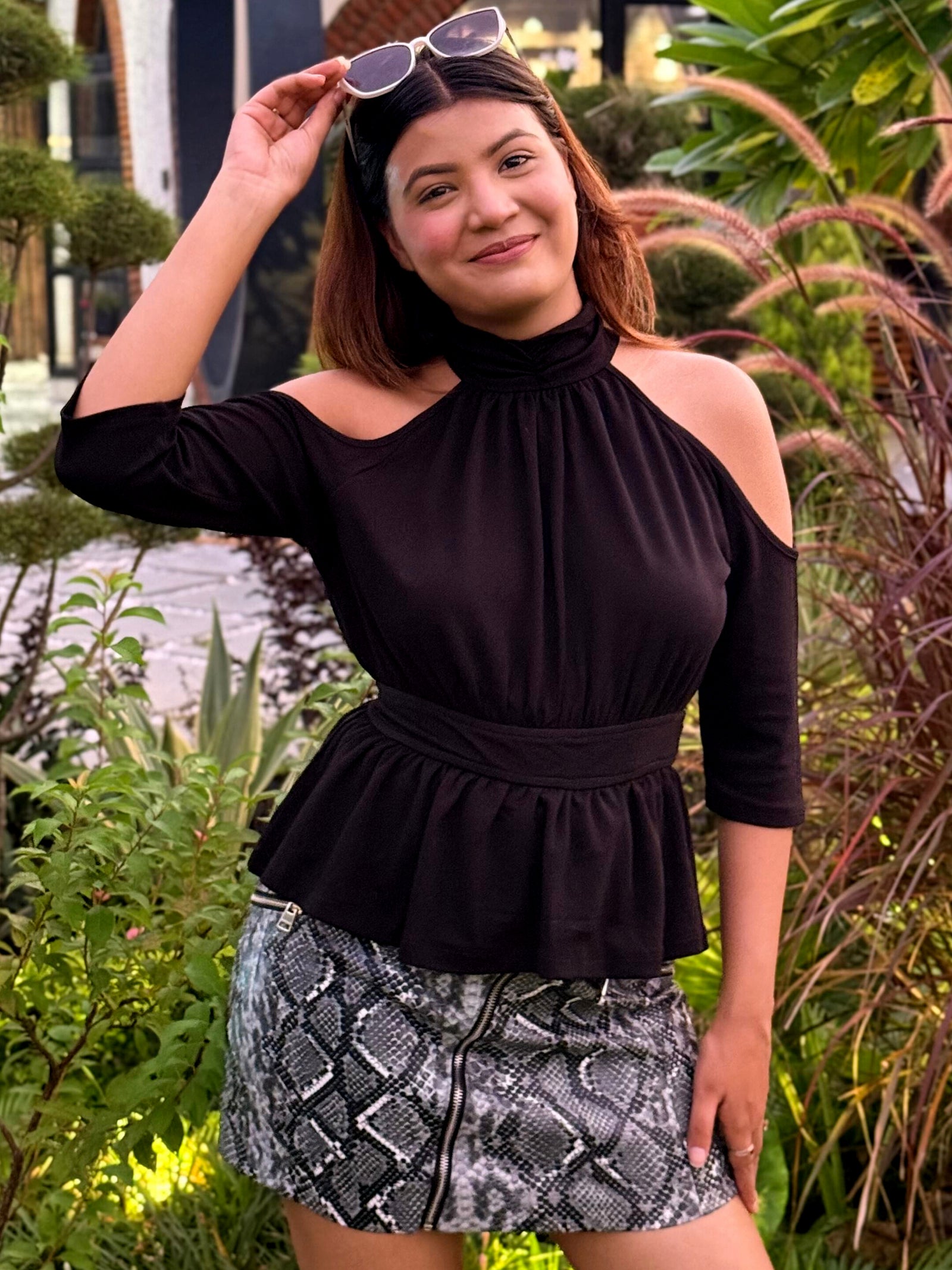 TANDUL Women Black Cold Shoulder Top