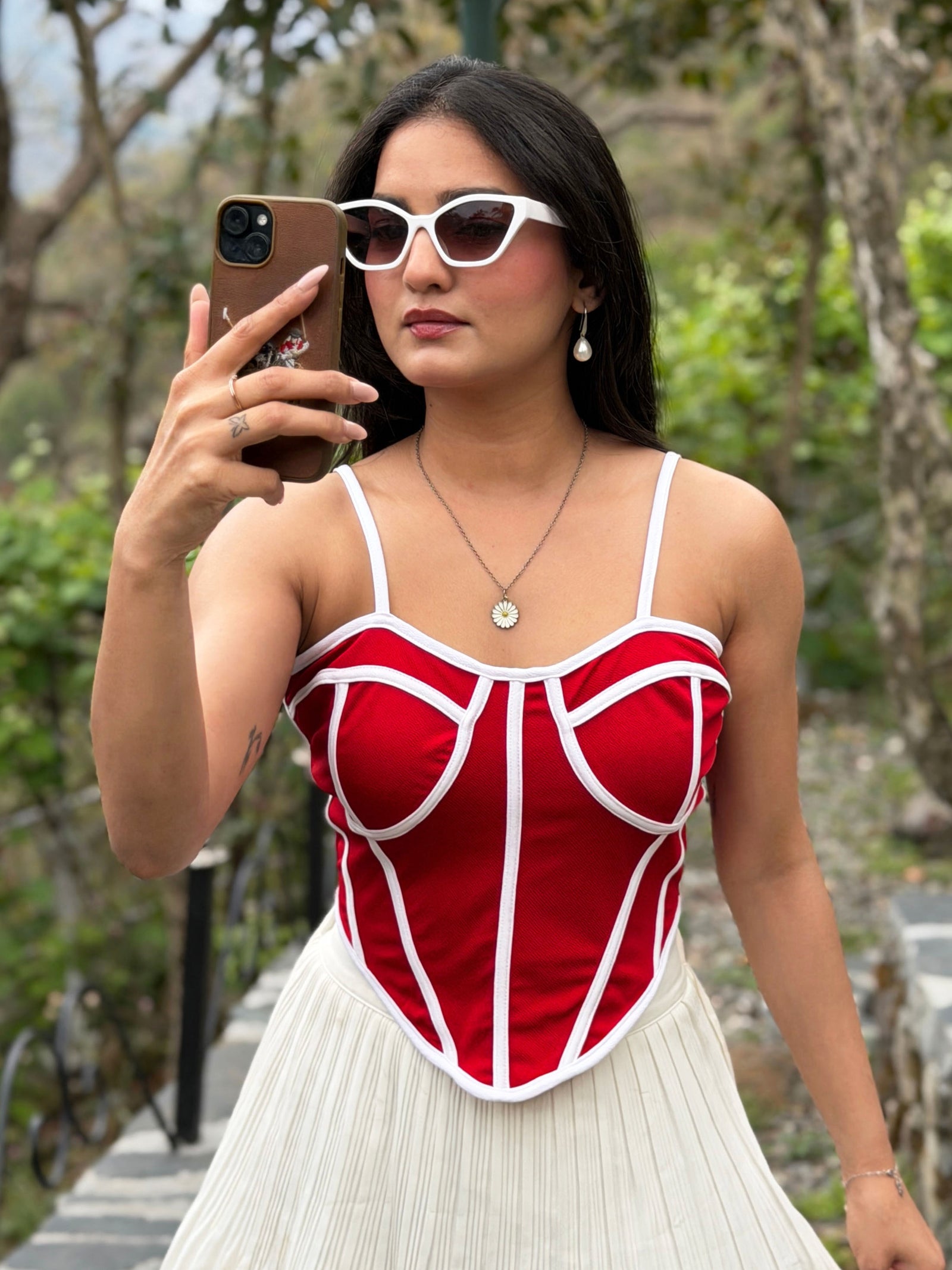 TANDUL Women Stunning Red and White Corset Top