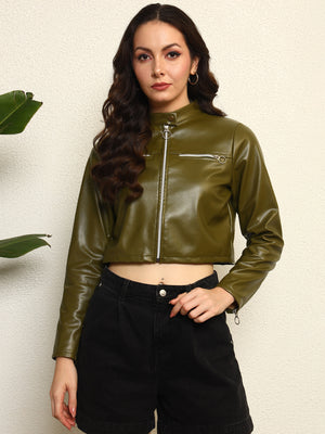 TANDUL Women Stunning Green Leather Jacket