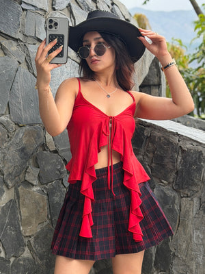 TANDUL Women Elegant Ruffled Red Top