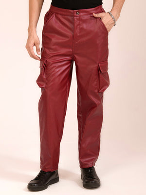 TANDUL  Men Regular Fit Maroon Faux Leather Trousers
