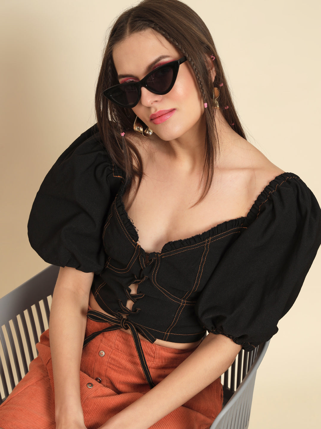 MAZIE Casual Balloon Sleeve Solid Women Black Top