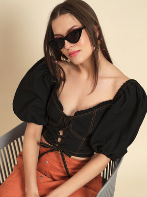 MAZIE Casual Balloon Sleeve Solid Women Black Top