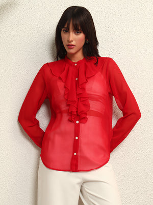 TANDUL Elegant Red Ruffled Detailed Shirt