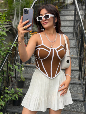 TANDUL Women Stunning Brown and White Corset Top