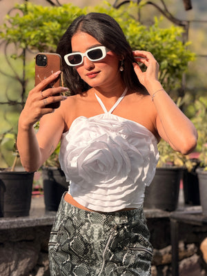 TANDUL Women White Rose Tie Up Neck Top