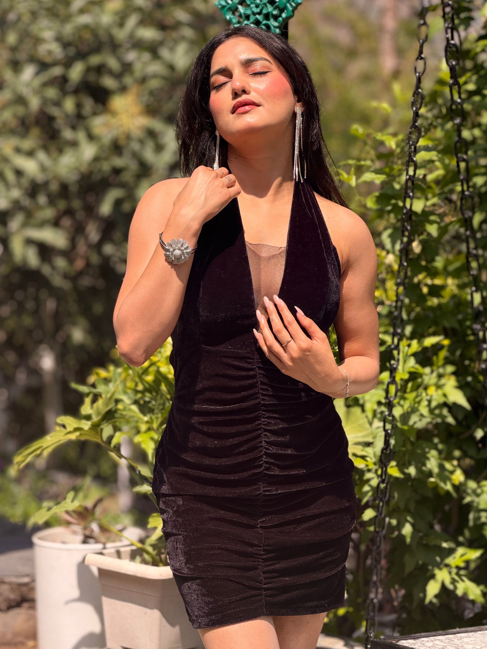 TANDUL Women Elegant Classic Black Velvet Dress